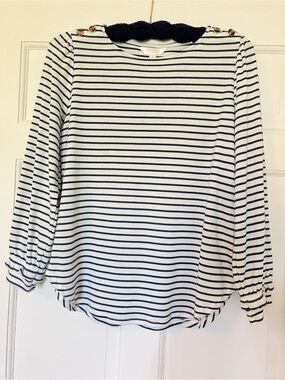 LC Lauren Conrad Soft Navy & White Striped Long-Sleeve Top with Shoulder Buttons